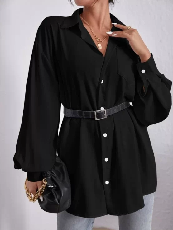 Patch Pocket Bishop Sleeve Drop Shoulder Blouse Without Belt - Image 10