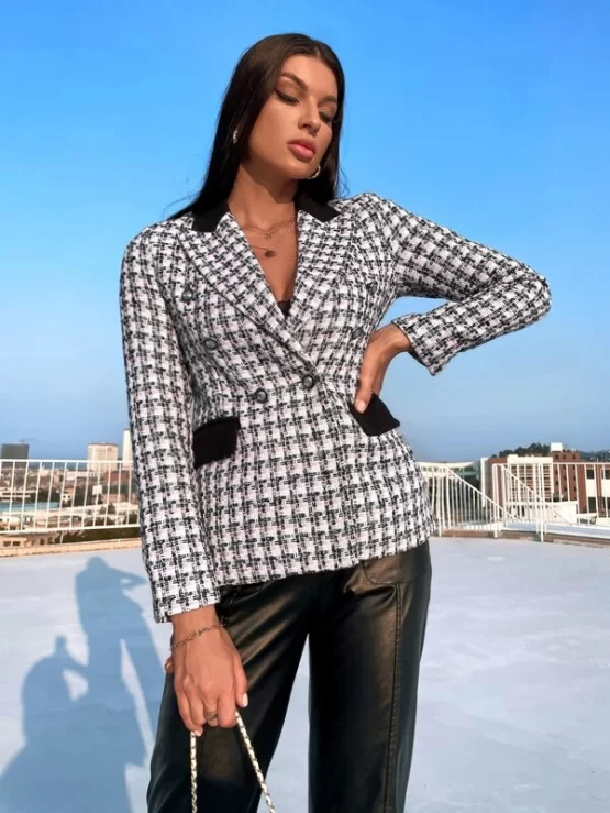 Plaid Tweed Double Breasted Overcoat - Image 4