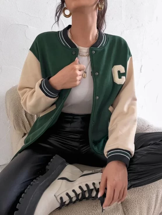 Patch Detail Drop Shoulder Colorblock Bomber Jacket