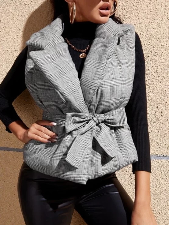 Glen Plaid Puffer Belted Winter Vest Coat