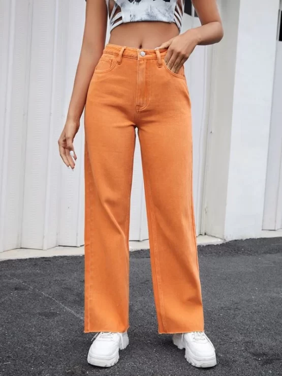 Raw High Waist Hem Straight Leg Jeans