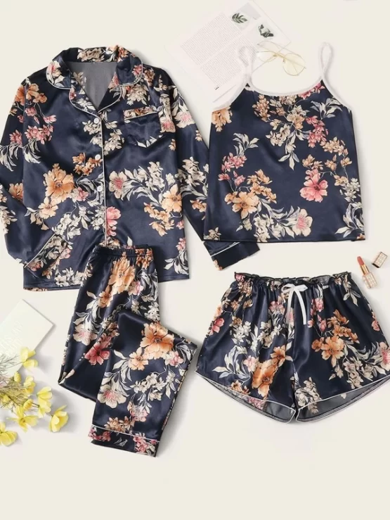 Four pieces Floral Print Satin Pijama Set - Image 4