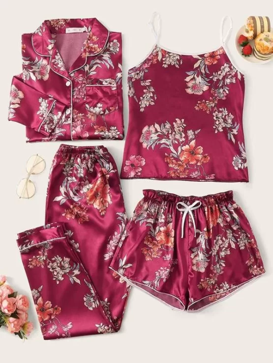 Four pieces Floral Print Satin Pijama Set - Image 10