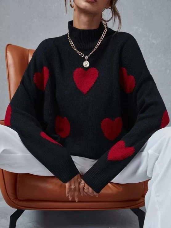 Heart Pattern Mock Neck Drop Shoulder Sweater - Image 4