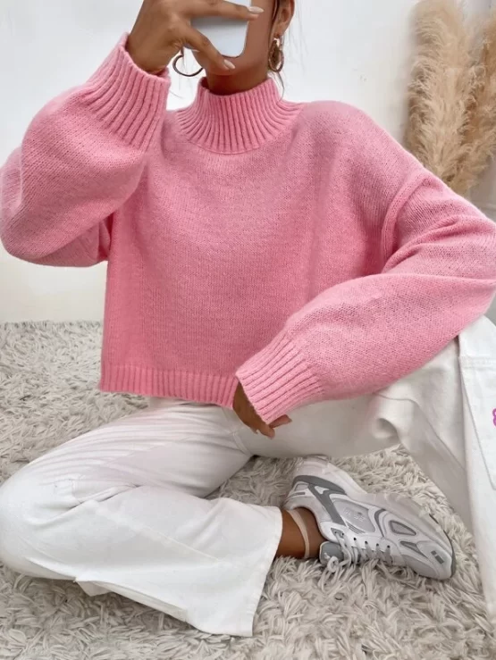 Mock Neck Plain Casual Drop Shoulder Sweater - Image 4