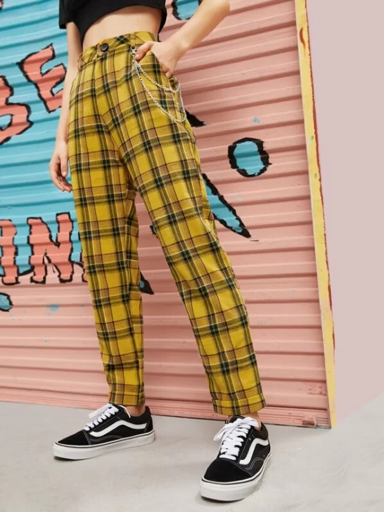 Chain Detail Preppy Tartan Plaid Pants - Image 4