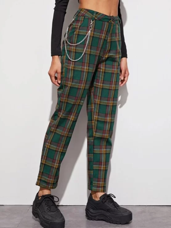 Chain Detail Preppy Tartan Plaid Pants - Image 7