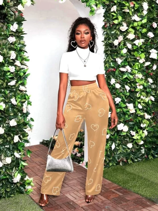 Elastic High Waist Casual Heart Print Pants