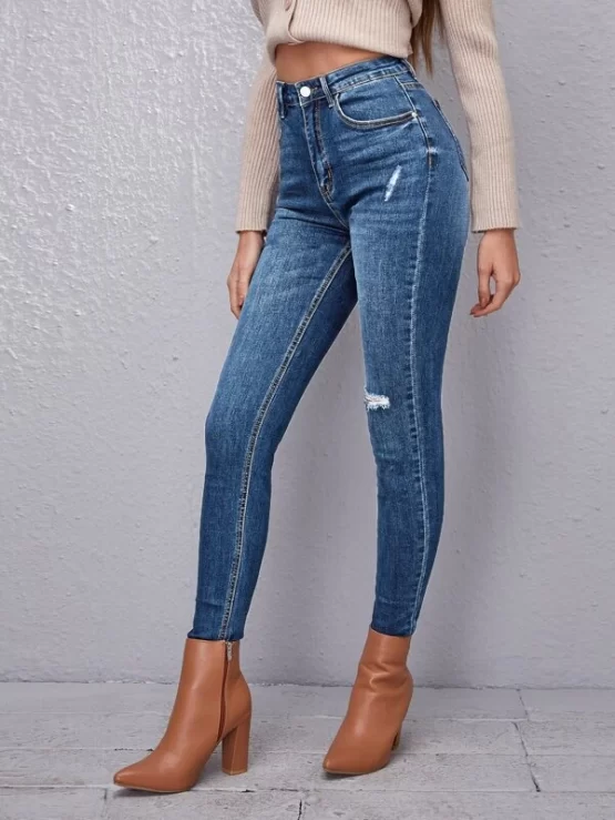 Plain High Waist Zipper Ripped Skinny Jeans