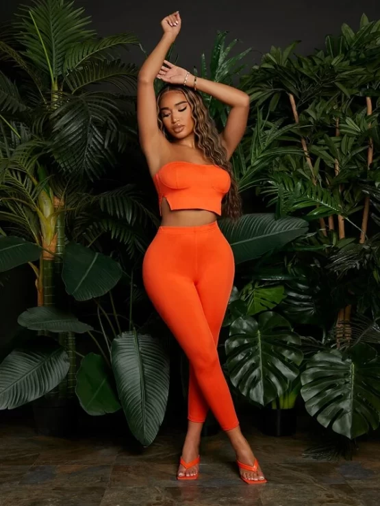 Solid Split Hem Tube Top & High Waist Leggings