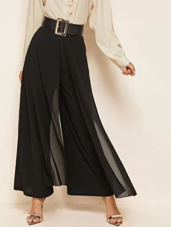 Split Skirt Overlay Buckle Belted Wide Leg Pants - Image 4
