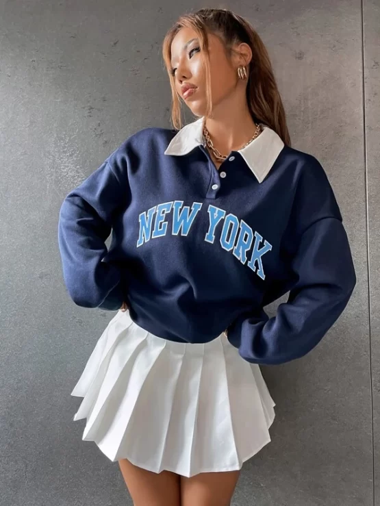 Polo Collar Drop Shoulder Letter Graphic Pullover - Image 4