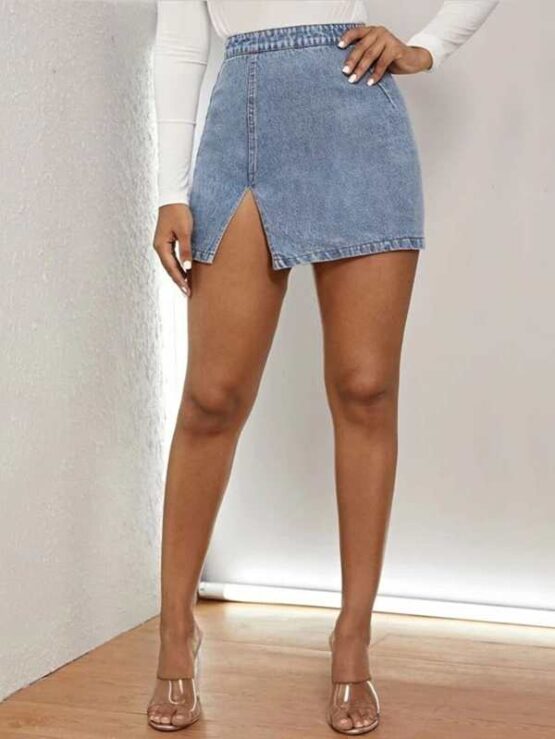 Light Wash Split Button Hem Denim Skirt - Image 4