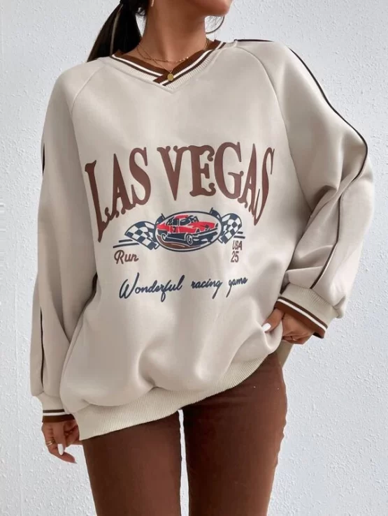 Letter & Car Print Contrast Piping Striped Trim Raglan Sleeve Pullover - Image 4