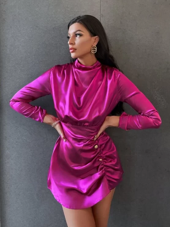 Draped Ruched Fake Button Satin Dress - Image 4