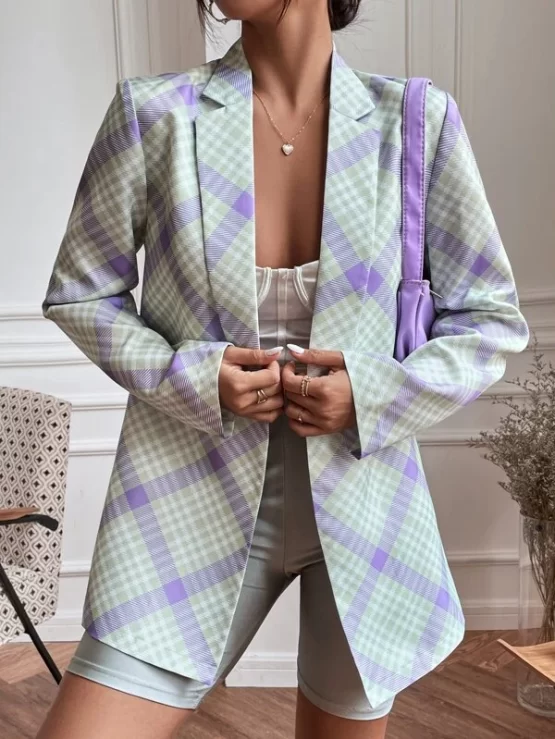 Plaid Casual Green Print Open Front Blazer - Image 4