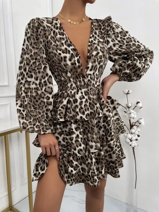 Soft & Lightweight Leopard Print Deep V Neck Lantern Sleeve Layered Hem Dress - Image 4