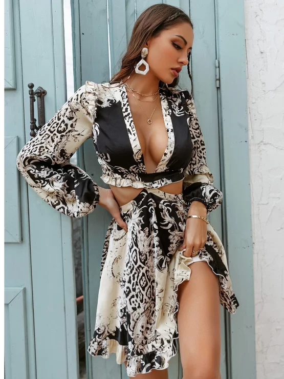Glamaker Lace Up Backless Plunging Neck Baroque & Leopard Dress