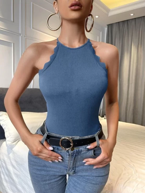 Plain Casual Slim Fit Scallop Trim Halter Top