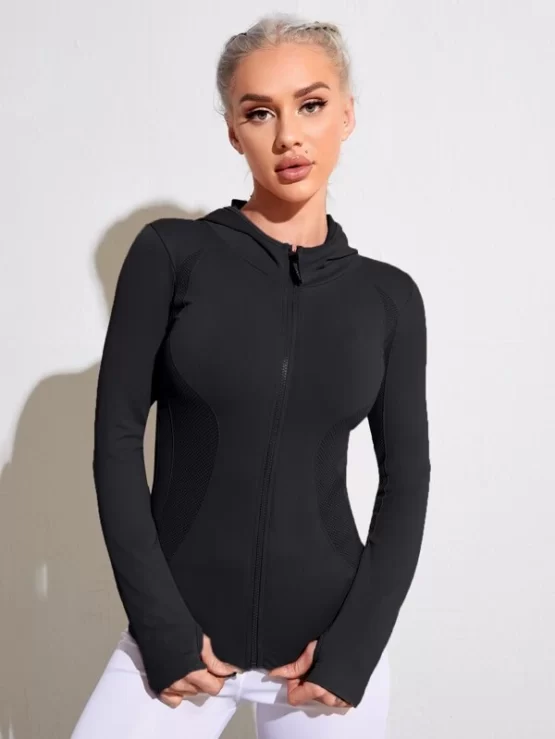 Zip Up Thumb Holes Sports Hooded Jacket - Image 4