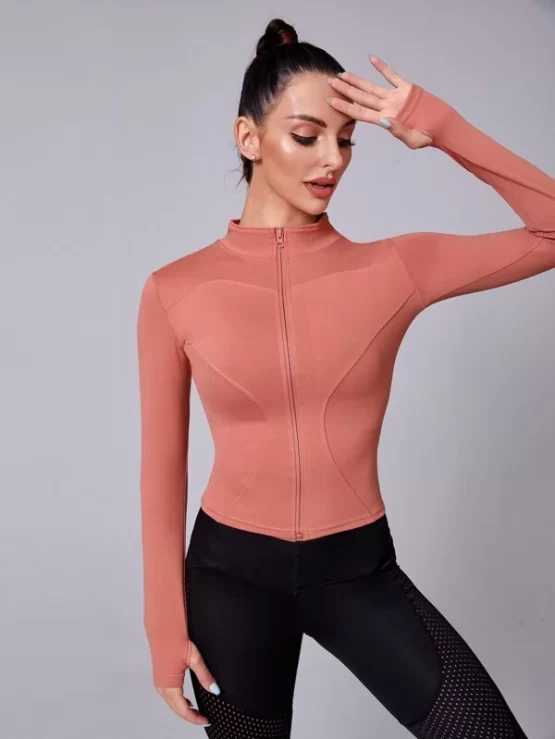 Plain Zipper Thumb Holes Sports Jacket - Image 4