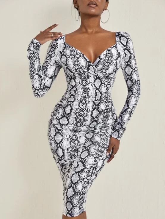 Snakeskin Print Sweetheart Neck Bodycon Dress - Image 4
