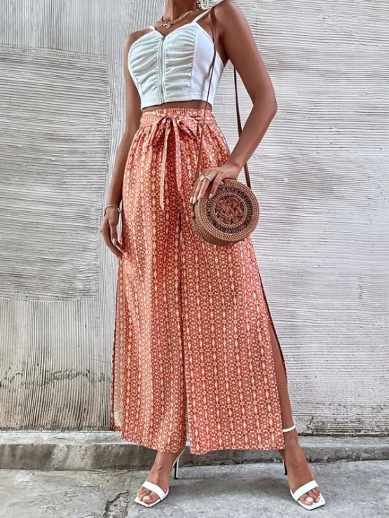 Ditsy Floral Split Thigh Belted Wide Leg Pants