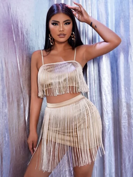 Fringe Trim Cami Crop Top & Bodycon Skirt Set - Image 4