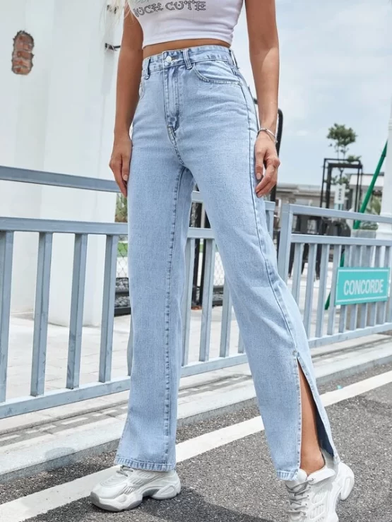 Split Button Pocket Hem High Waist Jeans