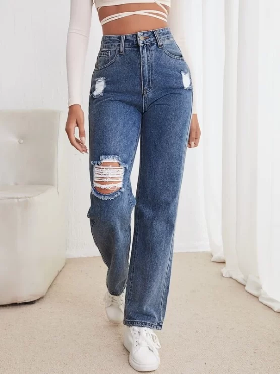 High Waist Straight Ripped Leg Jeans