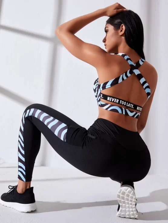 Zebra Stripe & Slogan Graphic Tape Criss Cross Sports Top & Leggings - Image 4