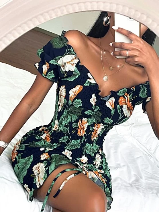 All Over Floral Shirred Drawstring Front Bodycon Dress