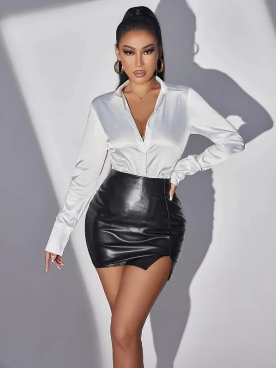 Solid Collar Plain Button Front Satin Blouse - Image 4