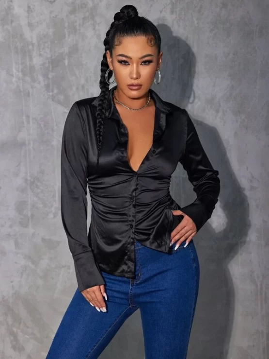 Solid Collar Plain Button Front Satin Blouse - Image 10