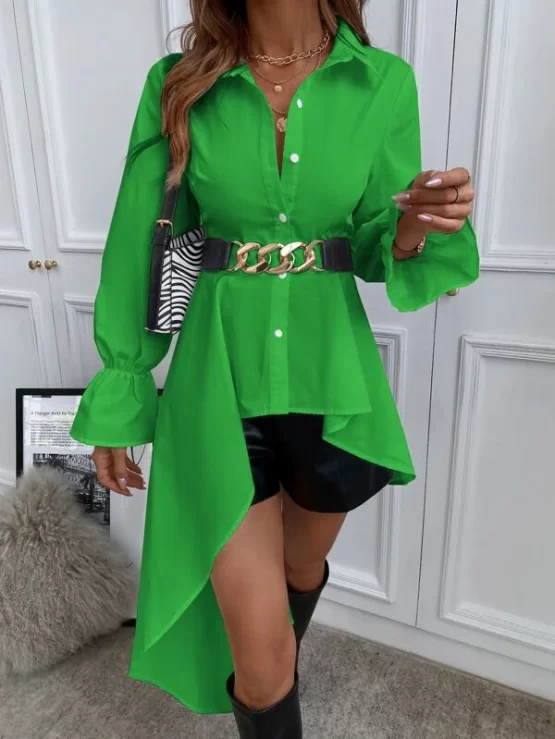 Solid High Low Flounce Sleeve Blouse Without Belt - Image 10