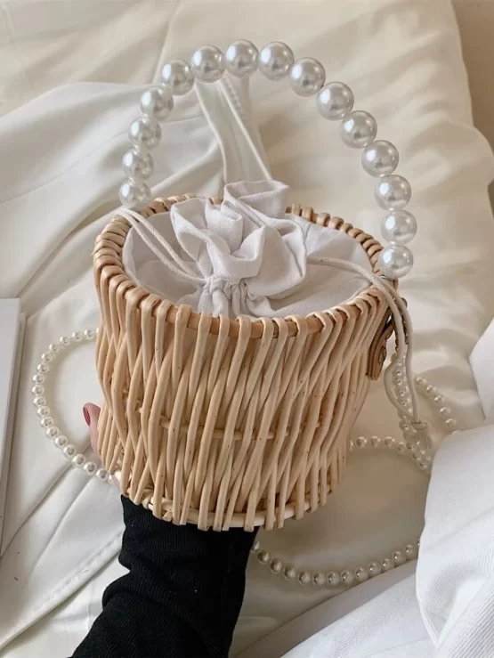 Faux Pearl Plain Drawstring Decor Bucket Bag - Image 4
