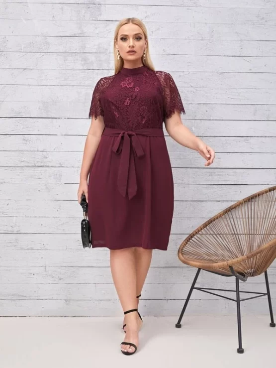 Plus Stand Neck Eyelash Lace Panel Belted Dress