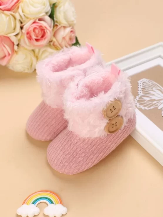 Baby Girls Pink Buttons Decor Fluffy Boots - Image 4