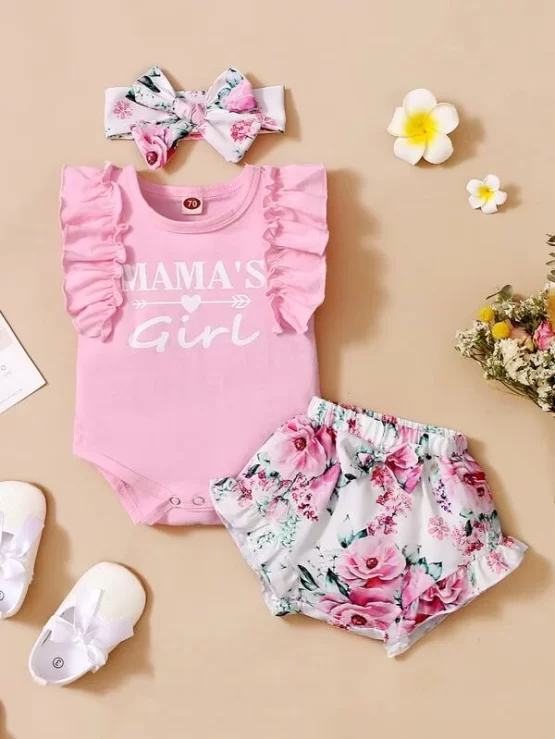 Baby Letter Graphic Ruffle Trim Bodysuit & Floral Print Bow Shorts & Headband
