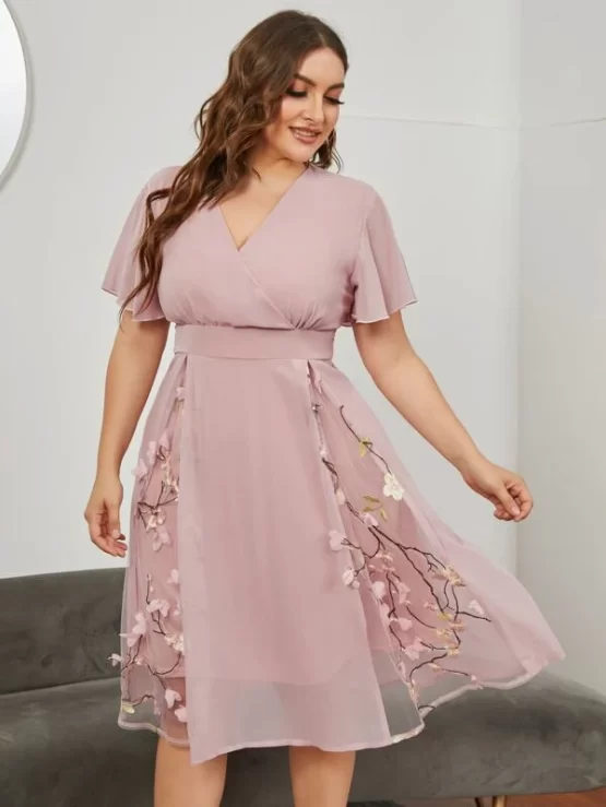 Plus Chiffon Plants Embroidered Appliques Midi Dress - Image 4
