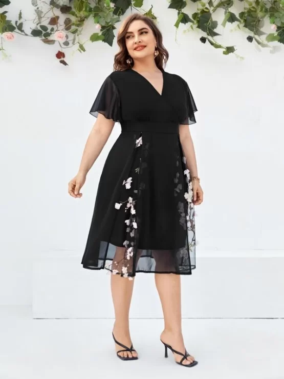 Plus Chiffon Plants Embroidered Appliques Midi Dress - Image 7