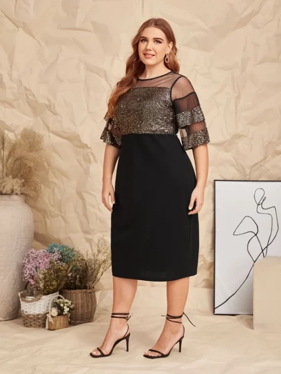 Plus Plain Mesh Yoke Bodice Sequin Dress - Image 7
