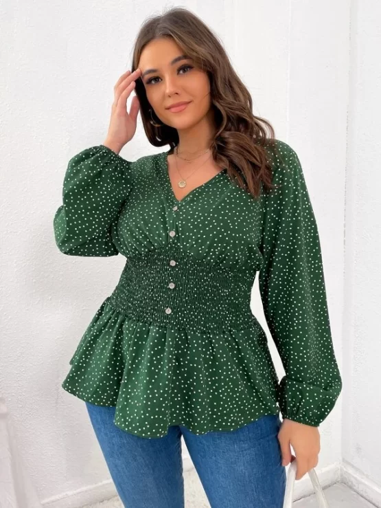 Plus Polka Dot Lantern Sleeve Shirred Waist Fake Button Blouse
