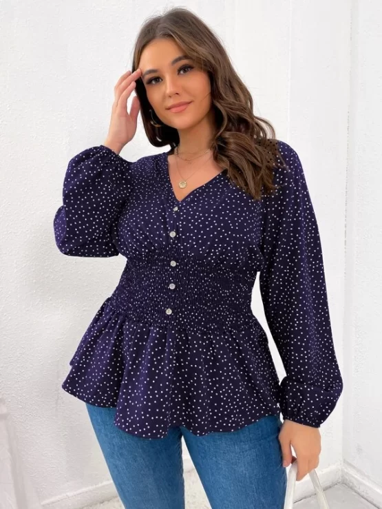 Plus Polka Dot Lantern Sleeve Shirred Waist Fake Button Blouse - Image 4