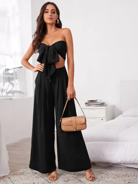 Tie Front Tube Top and Wide Leg Pants Set