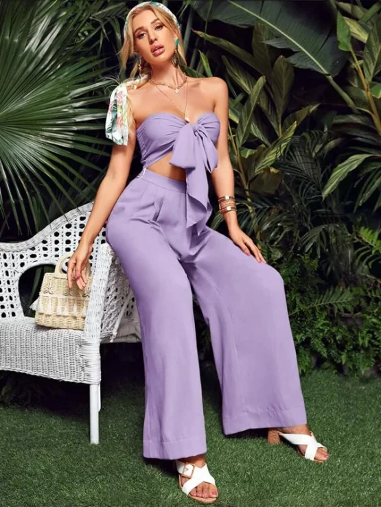 Tie Front Tube Top and Wide Leg Pants Set - Image 4
