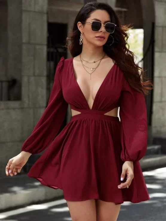 Plunging Neck Tie Back Cut Out Waist A-Line Dress - Image 7