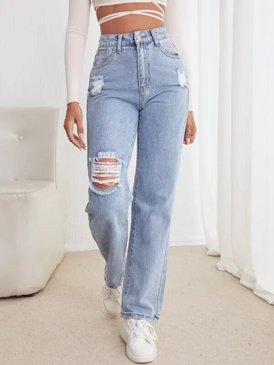 High Waist Straight Ripped Leg Jeans - Image 10