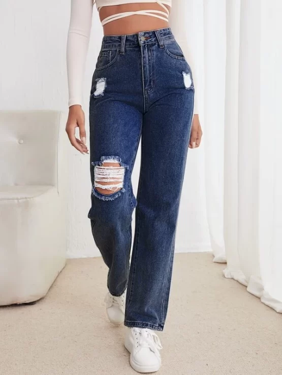 High Waist Straight Ripped Leg Jeans - Image 13