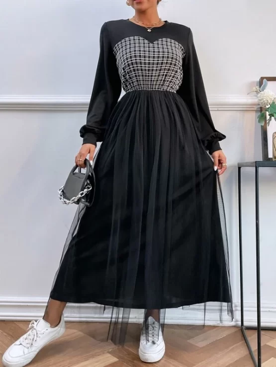 Grid Print Lantern Sleeve Mesh Hem Dress - Image 4